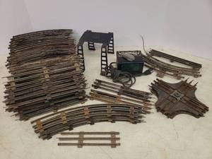 lot 32 image: Antique MARX Toy Train Track Collection G Scale - Large number of Metal Track Sections, Bridge, and Electric Transformer #1239