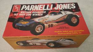 lot 34 image: RARE Vintage AMT Parnelli Jones Watson Roadster 63 Indy 500 Winner - 125 Scale Hobby KitModel #T162 in Original Box - Sealed Parts, Stickers, and Instruction Manual