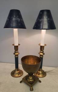 lot 50 image: Solid Brass Urn Vase 6in T, and Pair of Candle Stick Lamps with Brass Bases & Metal Shades - 15in T