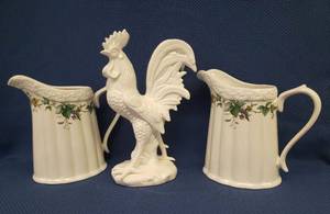 lot 51 image: Pair of Burton & Burton Berry Patch Porcelain Pitchers 8in T, and White Glazed Ceramic Rooster 11.25in T