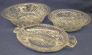lot 52 image: Vintage Anchor Hocking Stars & Bars Pattern Glass Serving Pieces Divided Relish 10iin W, Vegetable Bowl 8in W, and FruitConsole Bowl 10.75in W