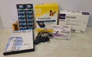lot 56 image: FreeStyle Precision Neo Glucose Monitoring System & Test Strips, Box of Large Sani-Cloth Germicidal Wipes, Droplet Personal Lancets, Accu-Chek 360 Diabetes Mngt SystemDVD, 2 Packs VEE 1.5V Batteries, and 4 Elite Li-Polymer 1S3.7V Batteries