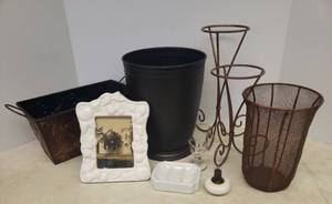 lot 62 image: Metal Waste Basket, Metal Mesh Vase, Pressed Metal Planter, Globe Stands, Antique Porcelain Soap Dish, Ceramic Frame & Antique Porcelain Door Knob
