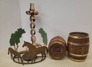 lot 64 image: Wood Marketry Candlestick 13.5in T, Wood Barrel Coin Banks and Metal Horse Candle Stand
