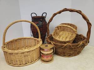 lot 65 image: Large Wicker Baskets - Tallest is 16in T, MetalWicker VasePlanter Urn - 15.5in T