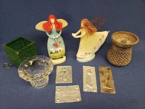 lot 67 image: Stone Wax Melt HolderWamer, Votive Lanterns, Blessing Angel Figurines - Tallest is 8in T, and 4 Vintage Metal Ex-Voto Tokens