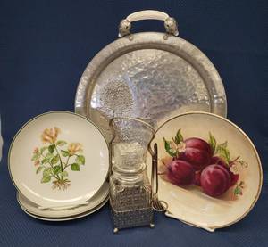 lot 69 image: Handled Aluminum Serving Tray - 17.5in W, Porcelain Fruit & Floral Plates, Antique Pickle Jar in Metal Caddy with Fork - 9in T