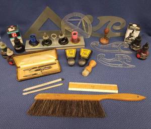 lot 72 image: Large Collection of Vintage Ink Wells with Ink, Drafting Pens, Printing Tools, Horse Hair Cleaning Brush, and 6pc. Set of Drafting Trangles and Curves - Includes Tub