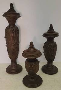 lot 74 image: Set of 3 Carved Faux Wood Decor Finials - Convert to Cande Holders - Stick or Column - Tallest is 17in T