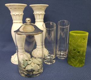 lot 75 image: Glass Vases, Rock Decor Canister, BO Column Candle, and Set of 2 GoldWhite Glazed Ceramic Candle Sticks - 11in T