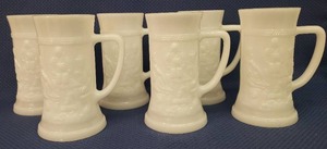 lot 78 image: Set of 6 Federal Glass Milk Glass Embossed Tankard Mugs - Bar Scene - 6in T