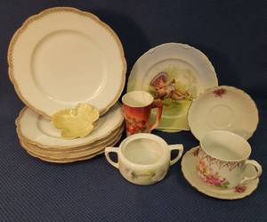 lot 79 image: Vintage China & Transferware Dinner Plates 9.5in W, CupSaucers, Mug, Sugar Bowl, and TrinketCandy Dish