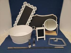 lot 80 image: White Metal Handled TubIce Bucket, Round Mirror on Stand, Vintage Chrome Towel Bar & Hanging Towel Ring, Mini & Large Chalkboard Signs - Largest is 24.5in L x 10in T
