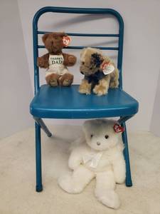 lot 81 image: Vintage Metal Childs Metal Folding Chair, Ty 2000 Attic Treasures Collection Retired  Carey Puppy 8in L & Dad Bear 8in T, and Ty Classic 2002 Angelina Bear 12in T