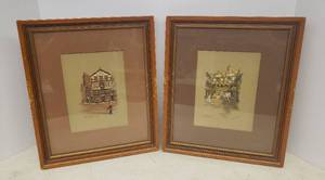 lot 87 image: Vintage England Artist Signed LIthographs by Clyde Cole - Matted in Custom Wood Frames in Roanoke, VA - The New Inn, Gloucester & Mols Coffee House, Exeter - Both 11.5in W x 13.5in T