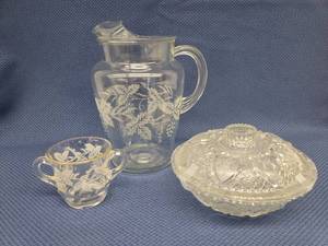 lot 88 image: Vintage BARTLETT COLLINS Frosted Grapes with Gold Trim 64oz Pitcher 9.5in T - with Ice Lip & Matching Double Handle Sugar Bowl 3in T - and Lidded Pressed Glass Candy Dish 7in W