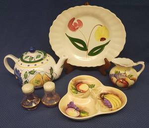 lot 96 image: Royal Norfolk Handpainted Ceramic Tepot 6.5in T, Vintage Handpainted Porcelain MilkCream Pitcher & Matching Divided Serving Dish 8.25in W, Handpainted Oval Stoneware Serving Tray 11.5in W, and Pair 1950s Glass SP Shakers with Bakelite LIds 3.5in T