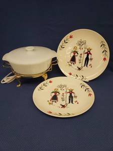 lot 109 image: Vintage Anchor Hocking Fire KIng 1.5QT Lidded Milk Glass CasseroleServer 10in W on Atlantic Precision Works Gold Tone Metal Footed Electric Warmer and 2 Vintage Rythm by Homer Laughlin American Provincial 10.25in Dinner Plates