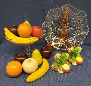 lot 115 image: Vintage NORITAKE Royal Hunt Collection Fruit Candlestick Set of 2 with Boxes, 11pcs - Carved Wood Fruit, Large Pedestal Fruit Bowl 8.5in W x 7in T, and Vintage Federal Pioneer Fruit Patten Fluted Sawtooth Edge Console Bowl 11in W