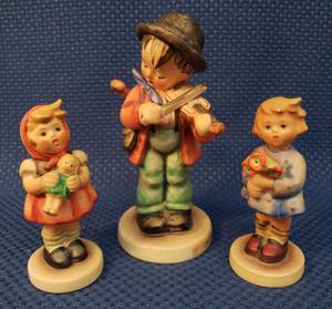 Vintage Collectible Hummel Goebel Germany Figurines: 1957-60 Little Fiddler 5in T #4, 1967 Girl with Doll 3.5in T #239/B, and 1967 Girl with Nosegay 3.5in T #239/A - All Signed/Stammped with Original Stickers
