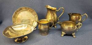 lot 127 image: Vintage Silverplate Serving Pieces - Pedestal Bowl, Small Tray, Footed Milk Pitcher, and Creamers
