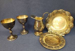 lot 128 image: Vintage Silverplate Serving Pieces - Etched Milk Pitcher, W&S Blockinton Goblets 4.75in T, Pierced Edge Candy Dish & Wine Bottle Caddy