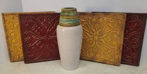 lot 135 image: Embossed Metal Wall Decor Plaques - 2 Each  Antique Gold & Ox Blood - 12.5in X 12.5in, and Hand Thrown Pottery Vase with Crackle Glaze & Embellished Neck - Signed Made in Italy - 14.25in T