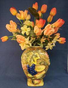 lot 136 image: Extra Large Hand Painted Italian Pottery Fruit Basket Design Urn Vase with Custom Silk Floral Arrangement - 26in T x 19in W