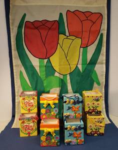 lot 140 image: New Old Stock - GiftFloral Ceramic Bags with Handles - 4 Designs, 3 of Each Design - 12 Total with Box, and Large Floral Garden Flag 28in x 40in