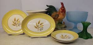 lot 142 image: Vintage Pottery & Glass Pedestal BowlPlanters, Flash Green Glass Candlestick, Vintage Gift Gallery Porcelain Rooster 7.75in T, and Autumn Gold China