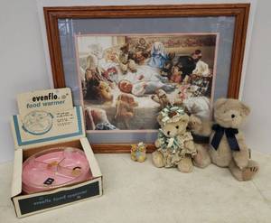 lot 143 image: Artist Signed Baby Print - by S.T. Sierak - Double Matted - 22in W x 18in T, and Vintage Evenflo Food Warmer in Original Box, & Plush and Resin Bears - Largest is Boyds Camryn B. Bear