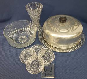 lot 148 image: Large Crystal Salad Bowl, Set of Fostoria Crystal Coasters, Crystal Vase 7.5in T, and 1950s Anchor Hocking Queen Mary Clear Glass 12in Cake Plate with Aluminum DomeBakelite Handle