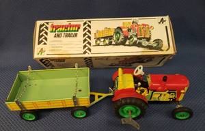 Vintage Kovap Zetor Traktor S Valnikem - Key Wind Tin Lithograph Tractor & Trailer - in Original Box - Made in Czechoslovakia - WORKS!