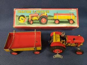 lot 150 image: Vintage Schylling Collector Series - Key Wind Tin Lithograph Tractor & Trailer - in Original Box - Made in Czech Republic - WORKS