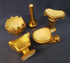 lot 151 image: Vintage 1960s Weeping Gold Glazed Ceramic VasesPlanters SAVOY 24K Gold Glaze Tulip Round Planter 5in T x 4.5in T x 5in W, SWETYE 22K Gold Glaze Bud Vase 7.5in T,  Floral Vase 6in T, Cornucopia Planter, & Footed Rectangle Planter