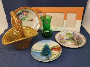 lot 152 image: Vintage Lusterware & Hand Painted Porcelain BowlPlates, New Seagull Studios Triple Leatherette Frame - 8in T x 17in L, Forrest Green Anchor Glass Vase with Original Sticker 6.5in T, and Glazed Ceramic Basket 9in W x 9.5in T