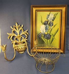 lot 156 image: SilverGold MetalResin  Wall Candle Sconce 15in T, Silver Plate Metal Twisted Rope Basket Pedestal Bowl with Handles, and Artist Signed Original Iris Painting in Acrylic with Custom GoldBlack Frame 14in W x 19.5in T