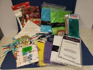 lot 160 image: Unopened Party Supplies & PlasticPaper Table Covers, Gift Bags, Tags & Mylar Tissue and NIP Table Skirts