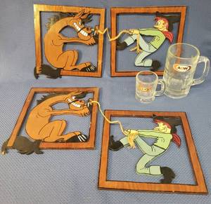 lot 161 image: Vintage Handmade & Painted Wood Cowboy Wall Plaques - Set of 4 - 9in x 10in, and 2 Vintage A & W Heavy Glass Rootbeer Mugs