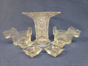 lot 164 image: Vintage Pressed Glass Thistle Pattern Flare Top Vase 6.5in W x 6in T, 2 Vintage 1930s L.E. Smith Scottie Dog Clear Glass CreamersCandy Dishes 5in L, and 2 Vintage Square Glass Salt Dips 2in x 2in