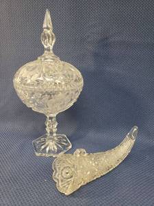 lot 168 image: Vintage 24% Lead Crystal - Tall Cut Rose Pattern Pedestal Candy Dish  - with Cut Spire Lid - 12.5in T, and Antique Cut Glass Hanging Automobile Bud Vase - 8in L
