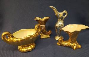 lot 171 image: Vintage 24K Gold Glazed Weeping Gold Vases & Planter Made in U.S.A. - Tallest is 6in T, and Weeping Silver Pitcher Bud Vase 8.75in T