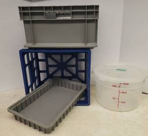 lot 175 image: Heavy Plastic Crates & Vegetable Tray and Hidden Valley 12QT DressingSauce Mixing Container with Lid & Recipes on the Side