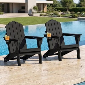 lot 6017 image: $280 Adirondack Fire Pit Chairs Set of 2, HDPE Plastic, Black