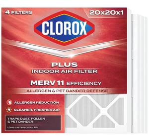 lot 6071 image: Clorox 20x20x1 Air Filter, MERV 11 Pleated HVAC   Pack of 4