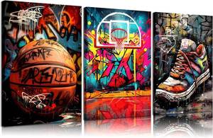 lot 6261 image: $60 3pc Basketball Graffiti Canvas Wall Art - Posters, Ready to Hang, 16x24