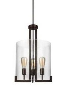 lot 14825 image: 3 -Light Bronze Transitional Seeded glass Cylinder Hanging Pendant Light, Approximately 38 H x 15 W