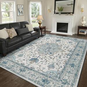 lot 900 image: $110 RELEANY Area Rugs 8x10 Washable Non-Slip, Floral Vintage Distress Print Pattern Medallion Carpet for Living Room Bedroom Dining Room, Light Blue Navy Beige Gray White