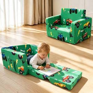 lot 929 image: Kids Couch, 2-in-1 Kids Fold Out Sofa, Convertible Toddler Couch to Lounger for Girls and Boys, Soft Toddler Chairs Comfy 1-3 Years Old (Green Monster Truck)