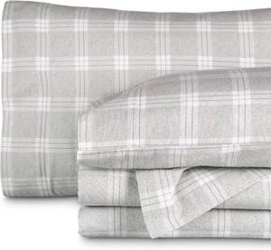lot 1341 image: Bare Home Cotton Flannel Sheet Set Prints, 100% Cotton, Velvety Soft Heavyweight - Double Brushed for Softness & Comfort - Deep Pocket - Bed Sheet (King, Checkered Plaid - Light Grey)